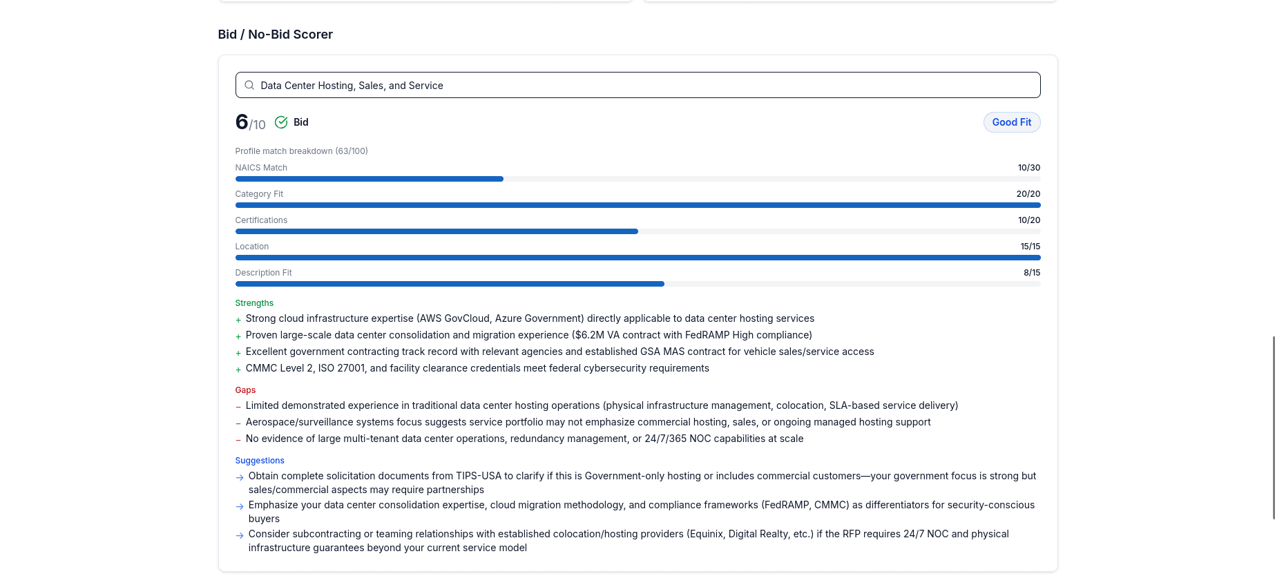 AI-powered bid/no-bid scorer with strengths and gaps analysis