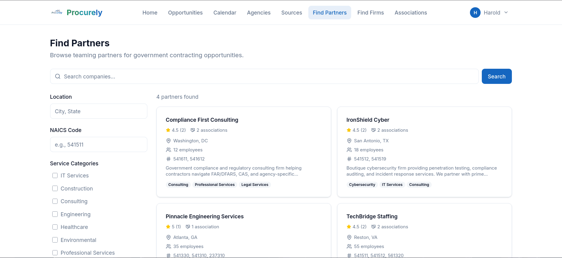 Browse teaming partners and firms directory